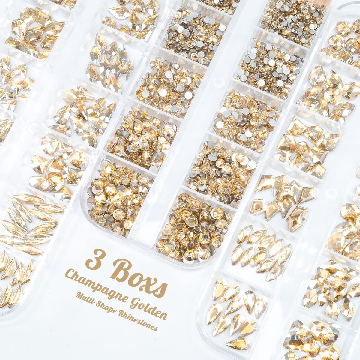 3 Boxes Champagne Gold Nail Rhinestones 240 Multi-Shapes Golden Stones Big Gems Round Beads K9 Glass Diamonds Jewels Crystals Nail Art Charms for Nails Face Eyes Makeup Tumblers Bottles Clothes