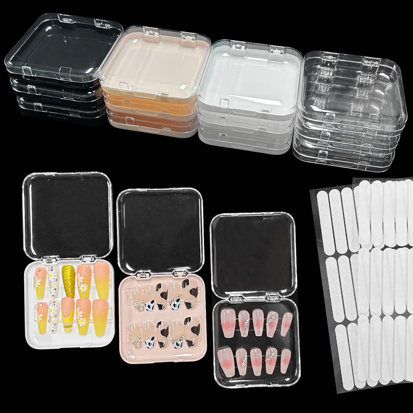 12 Piece Press On Nail Storage Box with 60 Pcs Double Sided Tape - Acrylic Fake Nail Display Box for Home Salon Use