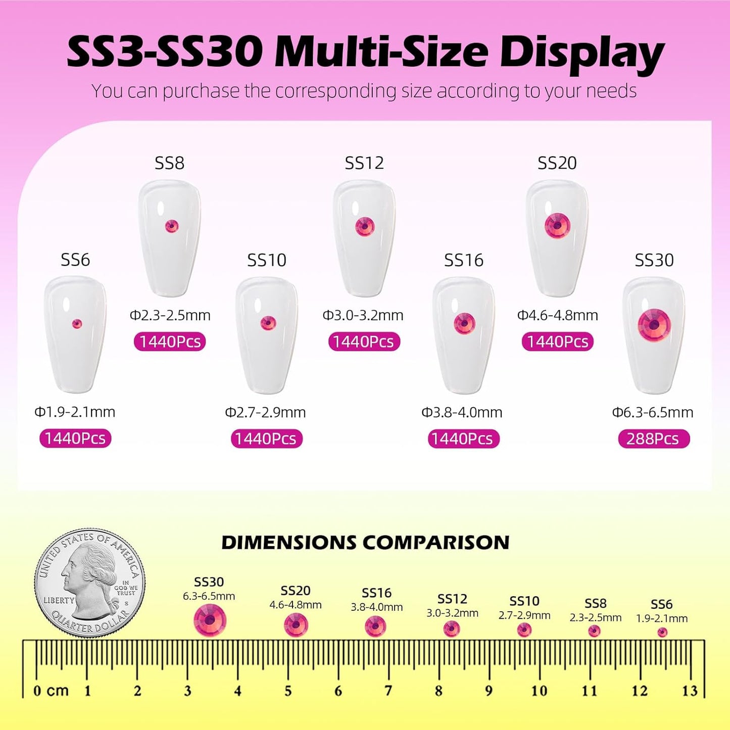 F Rose Flatback Rhinestones, Glass Rhinestones for Nail Art and Craft, Glue Fix, Loose Crystal Gemstones(F Rose, SS6, 1440pcs, 1.9-2.0mm)