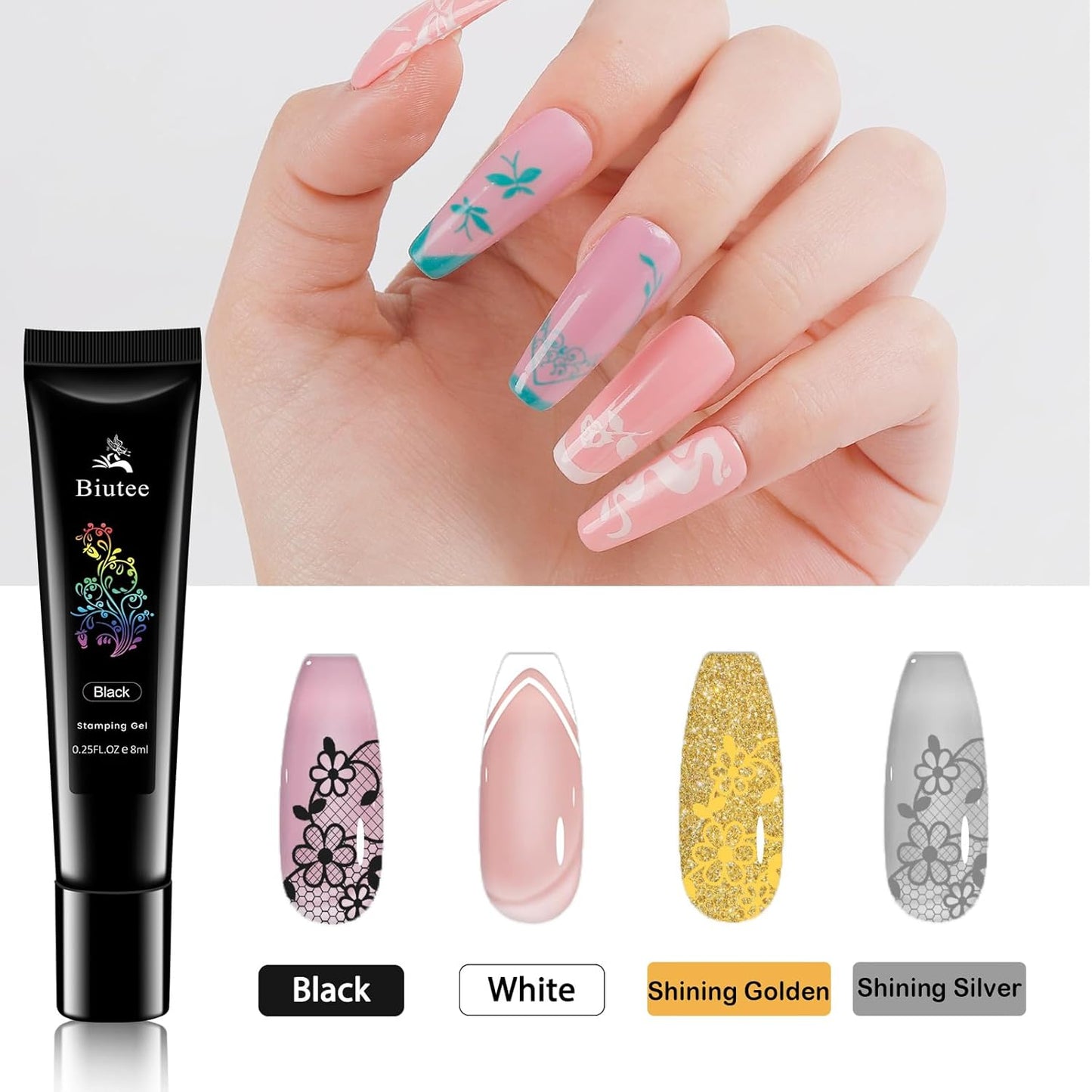 Biutee Nail Stamper Kit Nail Art Stamping Plate Set 4 PCS Stamping Nail Polish Gel 2PCS Large Stamp Plate 110 Patterns Jelly Silicone Stamper Scraper Stamp Template Kit French Line Lace Flower Design