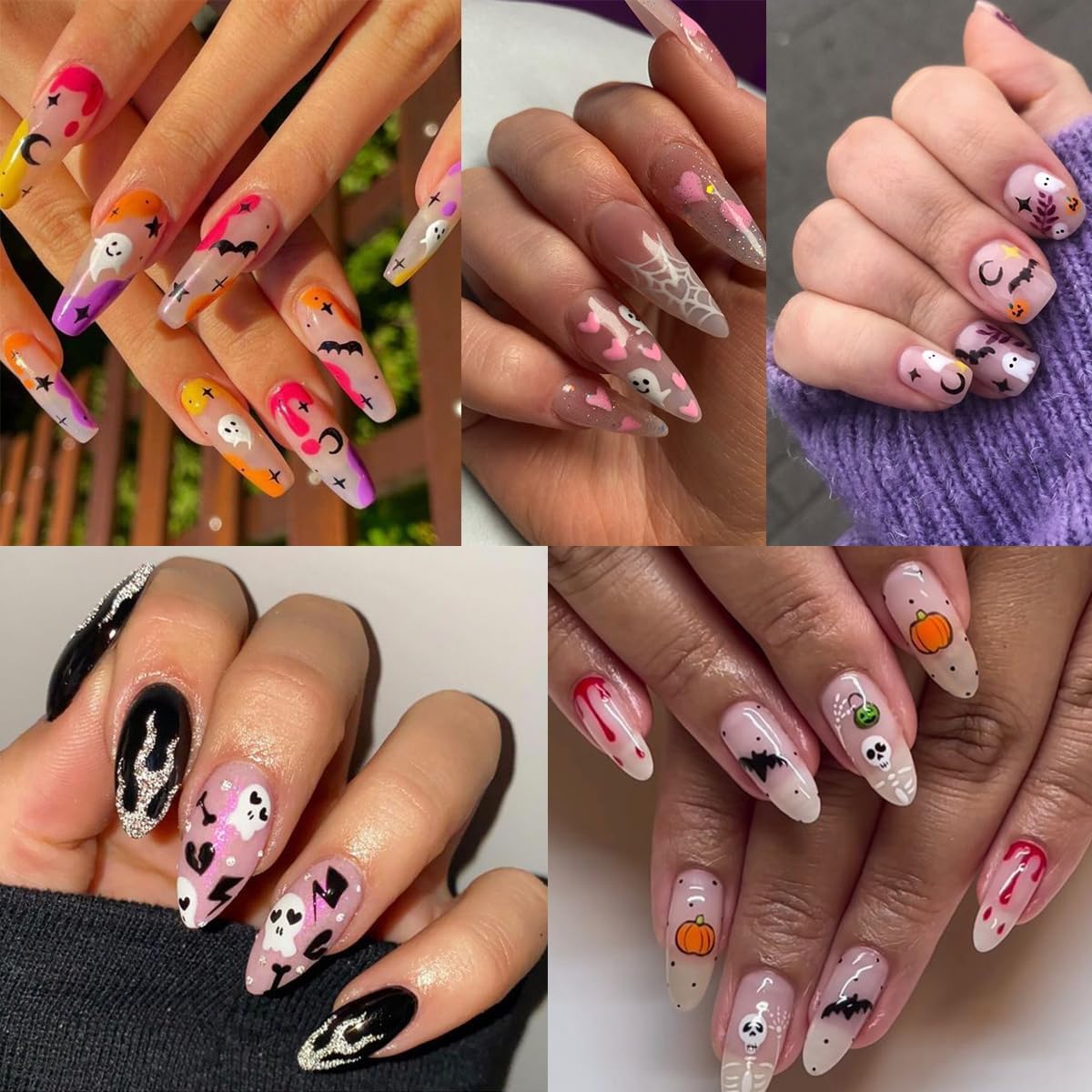 6Sheets Halloween Nail Art Stickers 3D Cute Zombie Ghost Decals Pumpkin Blood Skull Spooky Design Black Cat Gothic Supplies for Women DIY