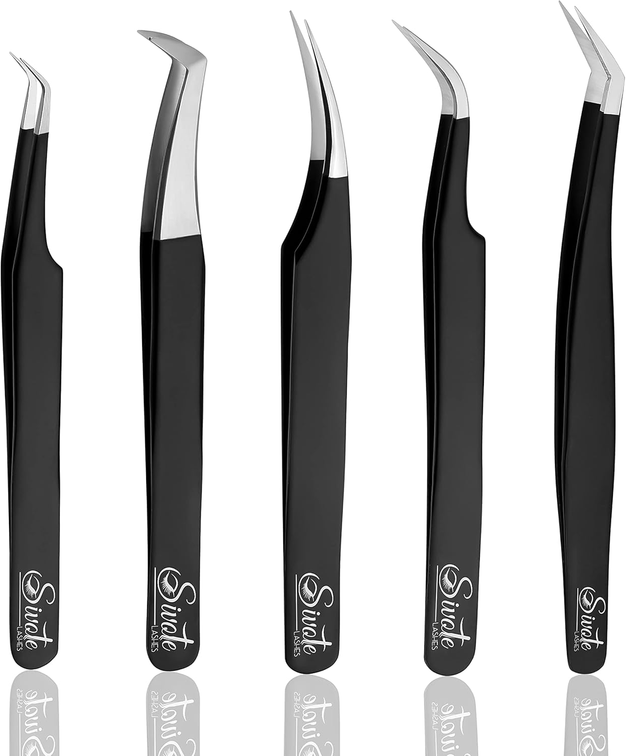 SIVOTE Eyelash Extension Tweezers for Classic & Volume Lashes, 5-Pack, Black
