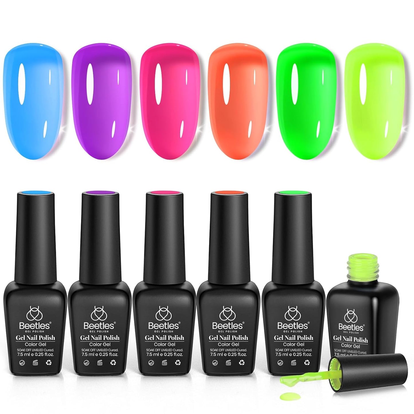 Beetles Neon Gel Nail Polish Set, 6 Colors Summer Jelly Gel Polish Kit Sheer Hot Pink Green Orange Purple Blue Yellow Translucent Effect Soak Off UV French Nail Art Manicure Gift for Women