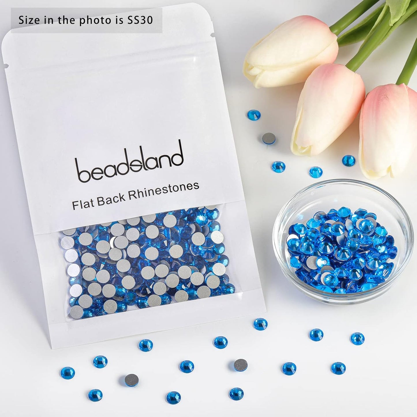 beadsland Flat Back Crystal Rhinestones Round Gems for Nail Art and Craft Glue Fix,Capri Blue (6.4-6.6mm) SS30/288pcs