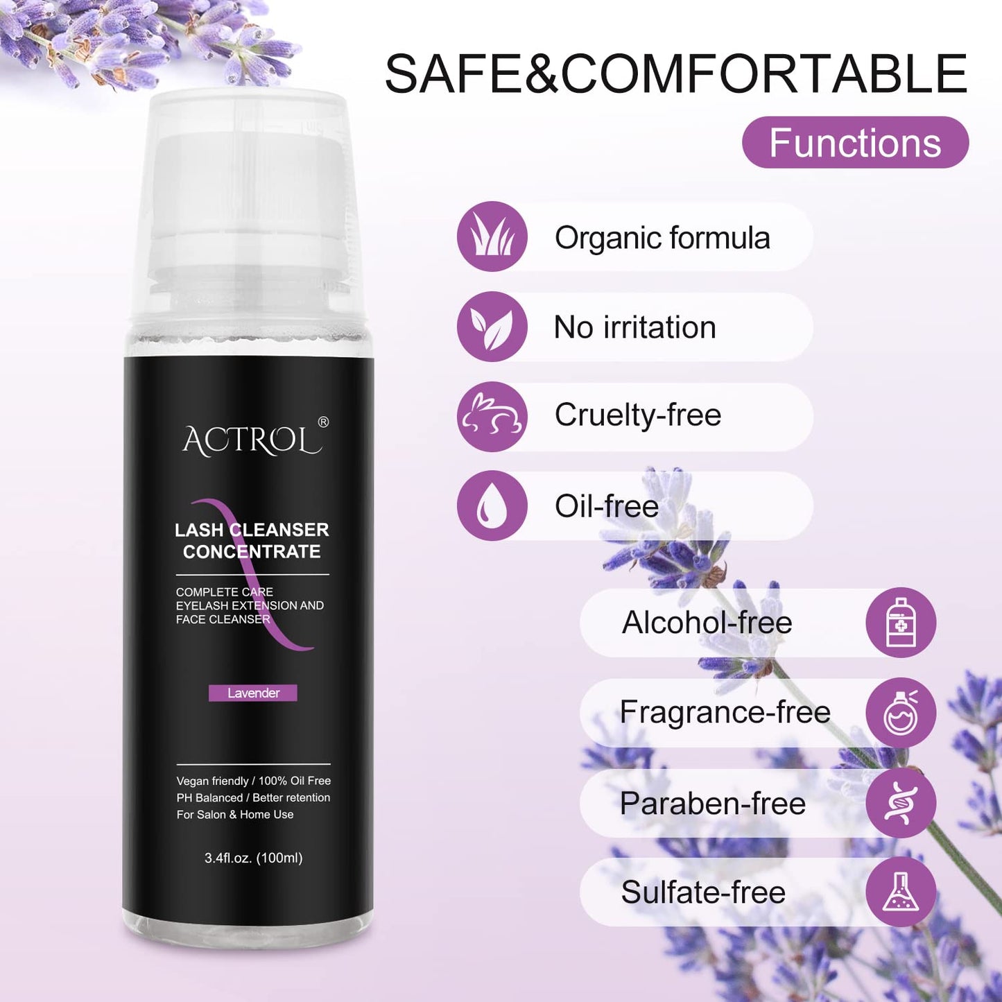 Eyelash Cleanser Concentrate 100ml Lavender Professional Lash Shampoo Foaming Cleanser DIY Paraben & Sulfate Free Non-lrritating Wash for Extensions Lashes with Salon Home Care-Makes 20 Bottles