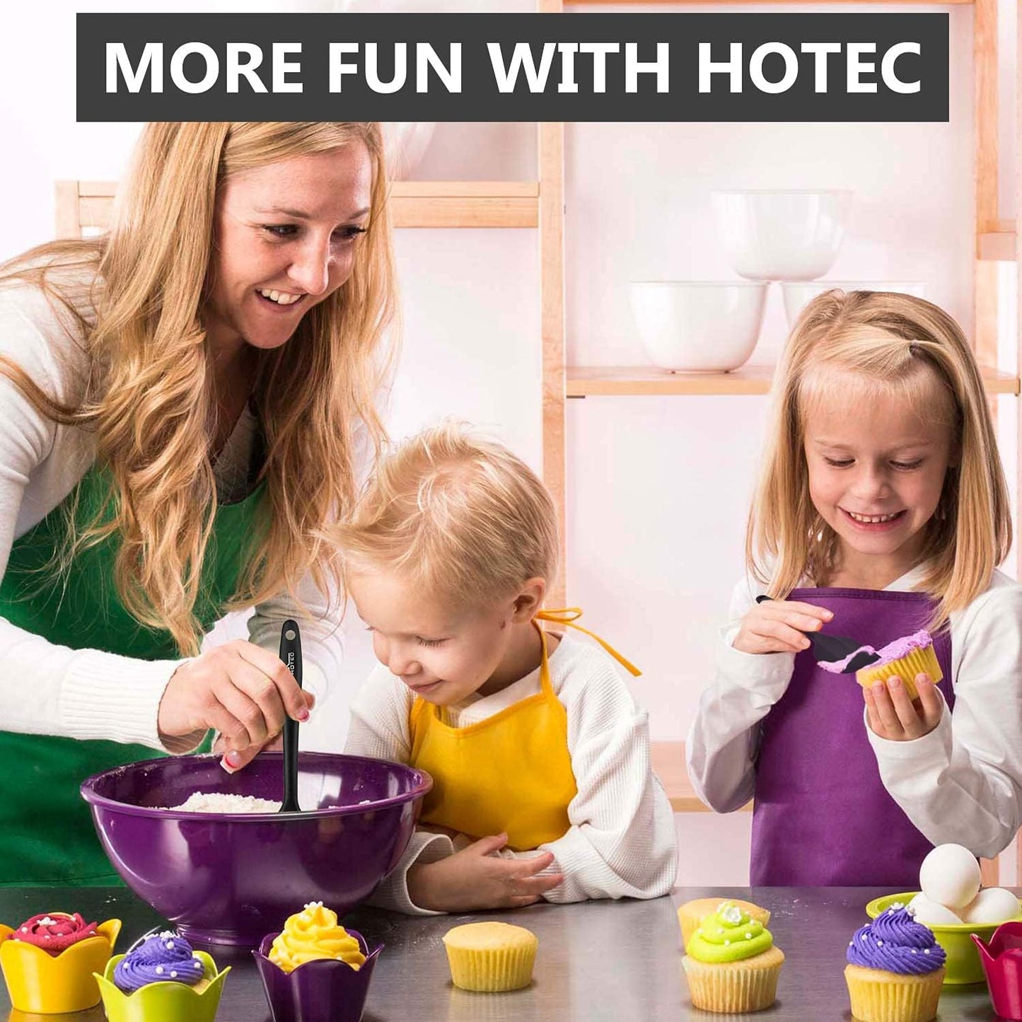 HOTEC 600℉ Heat Resistant BPA-Free Silicone Rubber Spatula Set,Kitchen Cooking Spatulas, Baking, Mixing for Non Stick Cookware, Dishwasher Safe, Black Set of 5