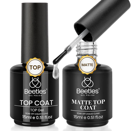 Beetles Matte Top Coat 2 Pcs 15ml No Wipe Gel Glossy Nail Polish Shine Effect Long Lasting Soak Off UV LED Nail Lamp
