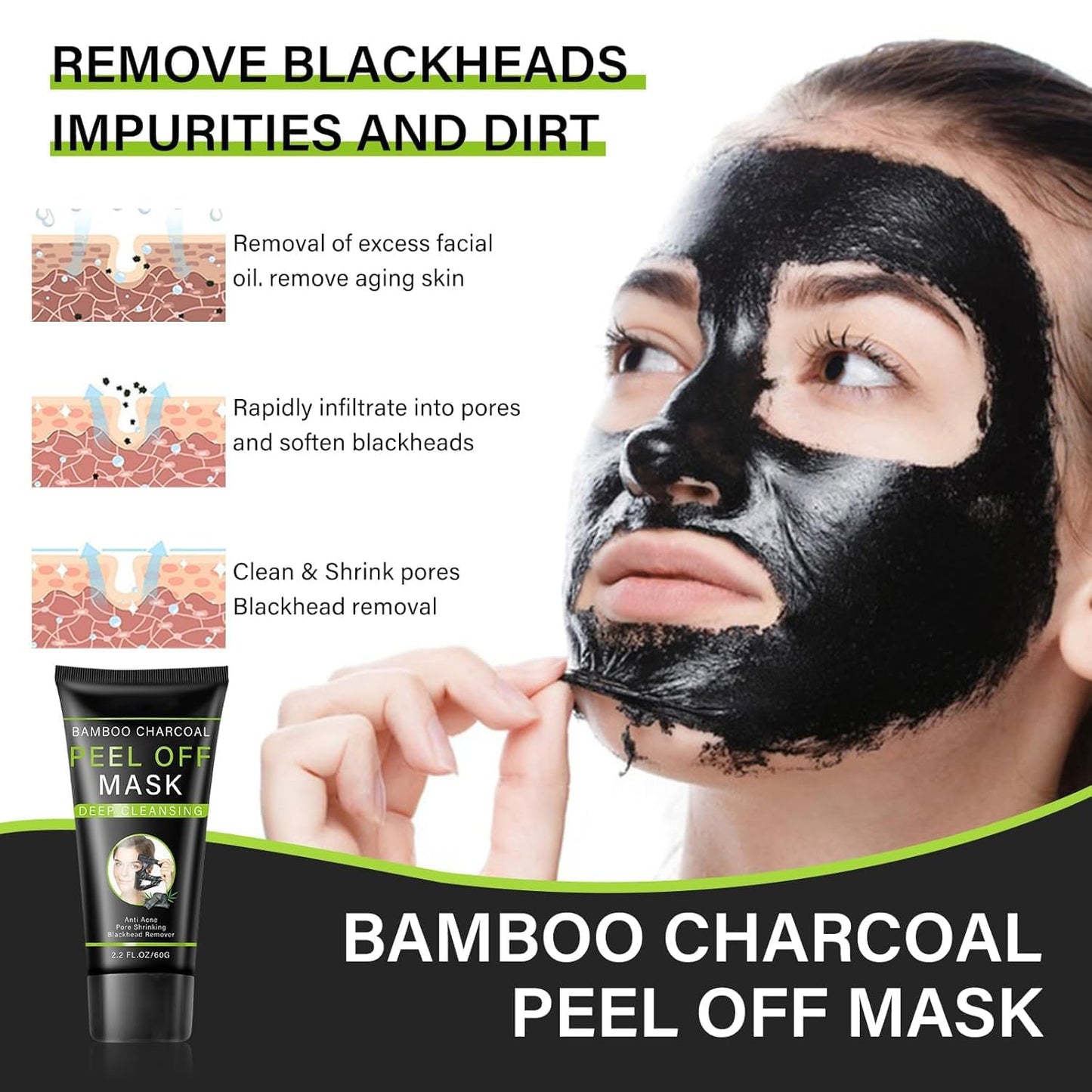 Blackhead Remover Mask, Activated Charcoal Peel Off Face Mask, Blackhead Remover for Oil Skin, Deep Cleansing for Face Nose Blackhead Pores Acne, For All Skin Types (2.12Fl.oz)