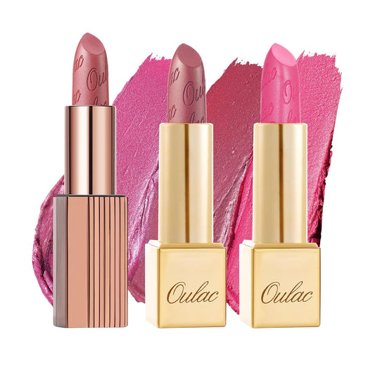 Oulac Metallic Pink Lipstick Set 3PCS, Comfortable Creamy Texture, Smooth No Grainy Feeling, Vegan & Gluten Free, Full-Coverage Lip Makeup, 3 X 4.3 g, 602+01+17
