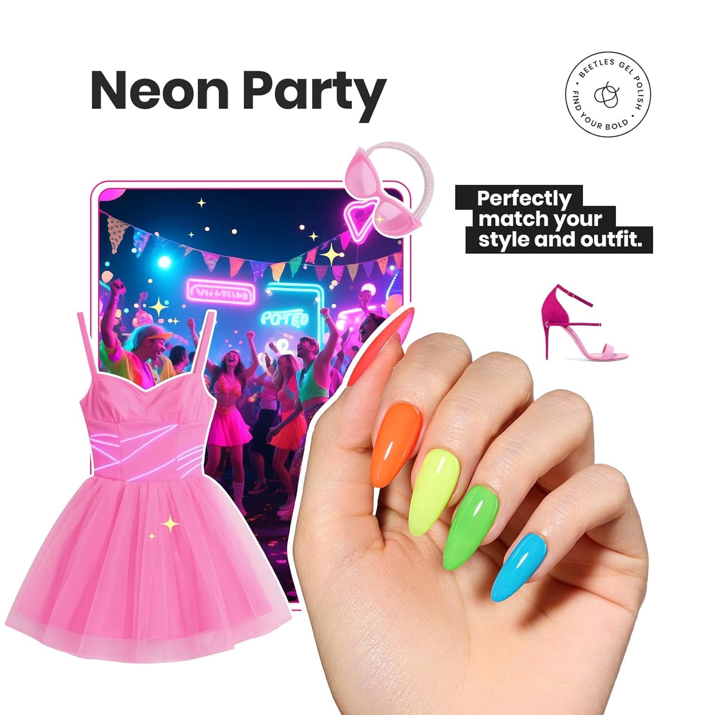 Beetles Neon Nail polish Set, 6 Colors Bright Rainbow Nail Polish Kit Quick Dry Finger Nail Polish Glossy Shine Nail Lacquer Polish Long Lasting Neon Party Gifts for Women