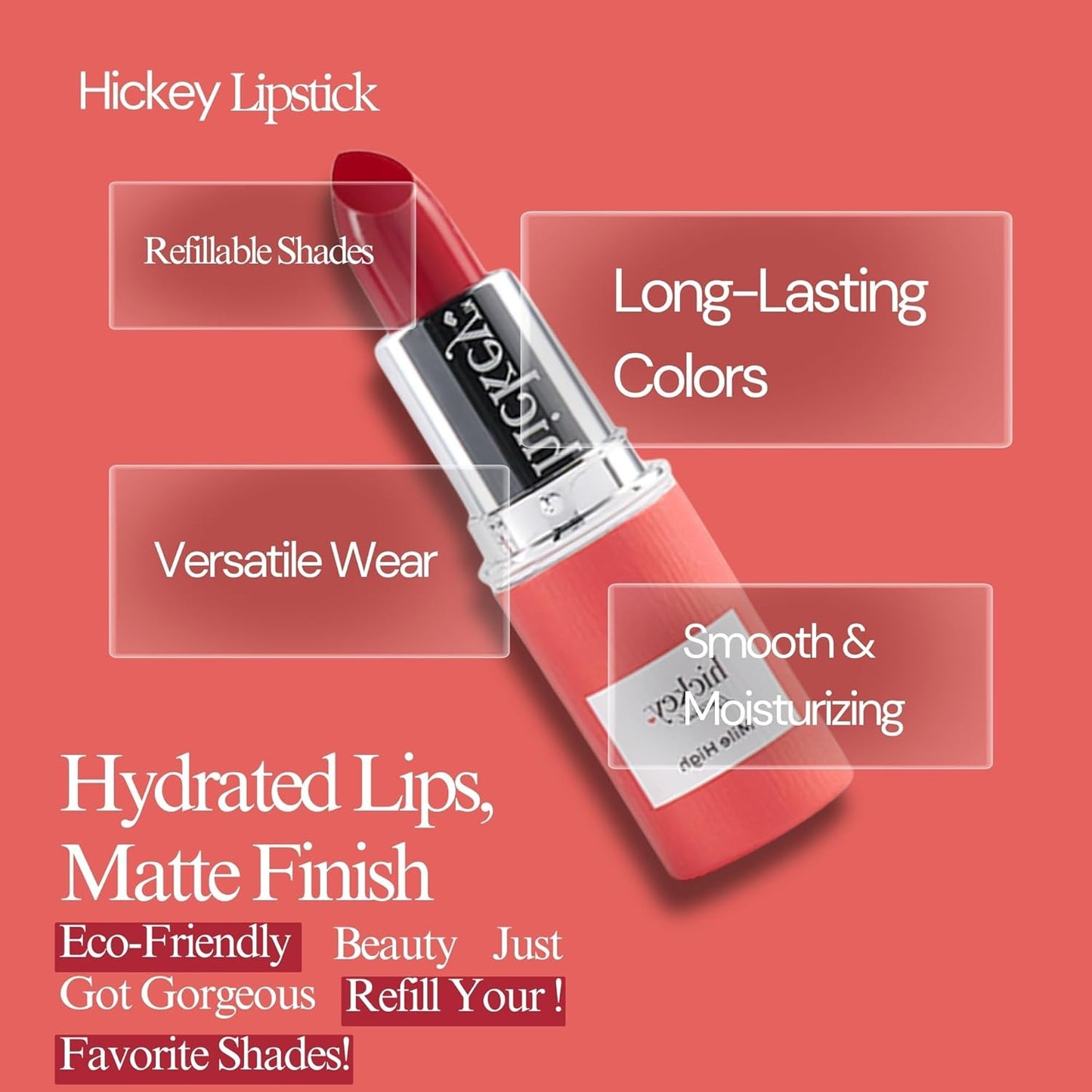 Hickey Lipstick Mile High Organic Perfect Red Lipstick Refill - Long Lasting Lipstick for Women - Hydrating & Moisturizing Shade, Best Lip Color for Women, Gluten-Free & Vegan with Highly Pigmented