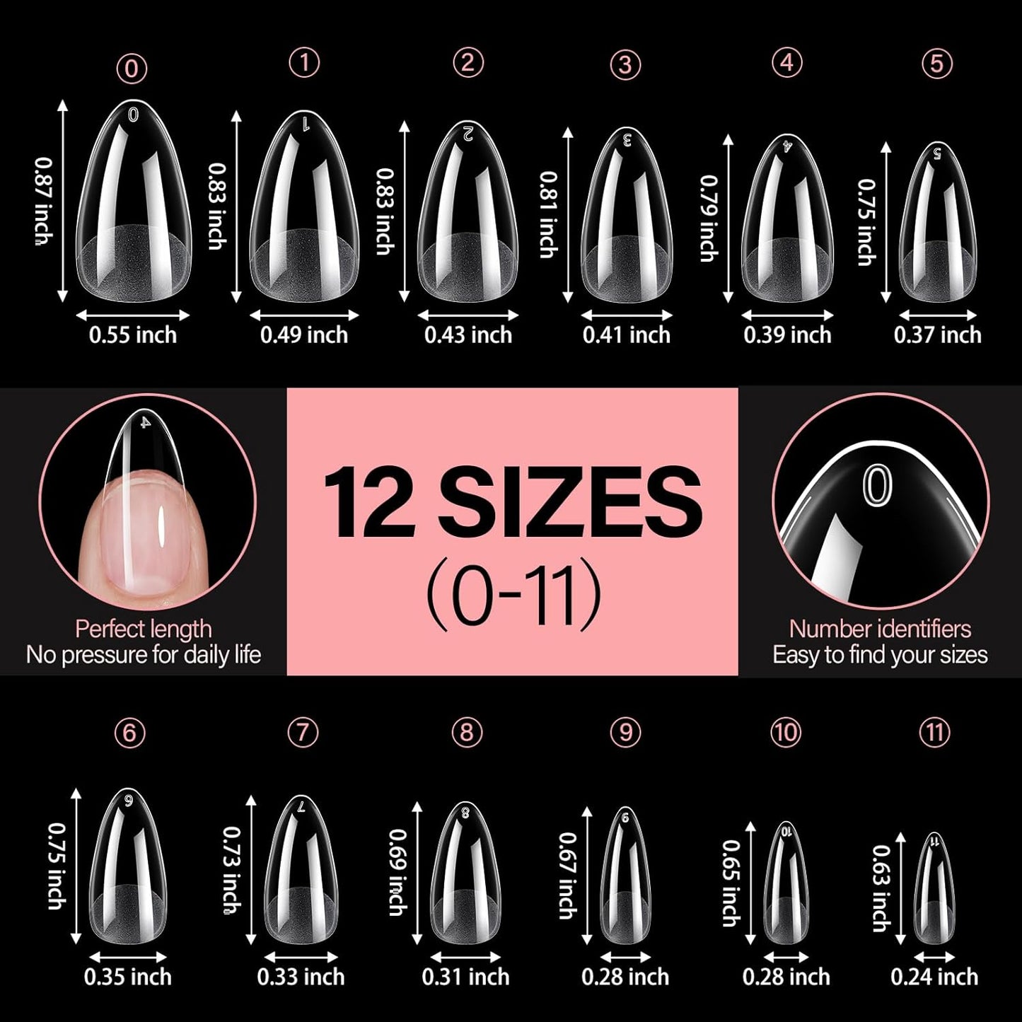 AILLSA Medium Almond Nail Tips Gel Half Matte Acrylic Nail Tips Clear Gelly Full Cover Pre-Filed Press on Nail tips Fake Nails For Extentions Manicure Salon Home DIY 216PCS 12 Sizes