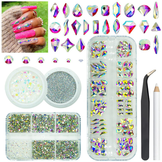 4 Boxes AB Crystal Nail Rhinestones Glitters Powder 24 Shapes K9 Glass White AB Gems Flatback Round Stones Diamonds Crystals Nail Art Charms Supplies for Acrylic Nails Face Makeup DIY Crafts Tumblers