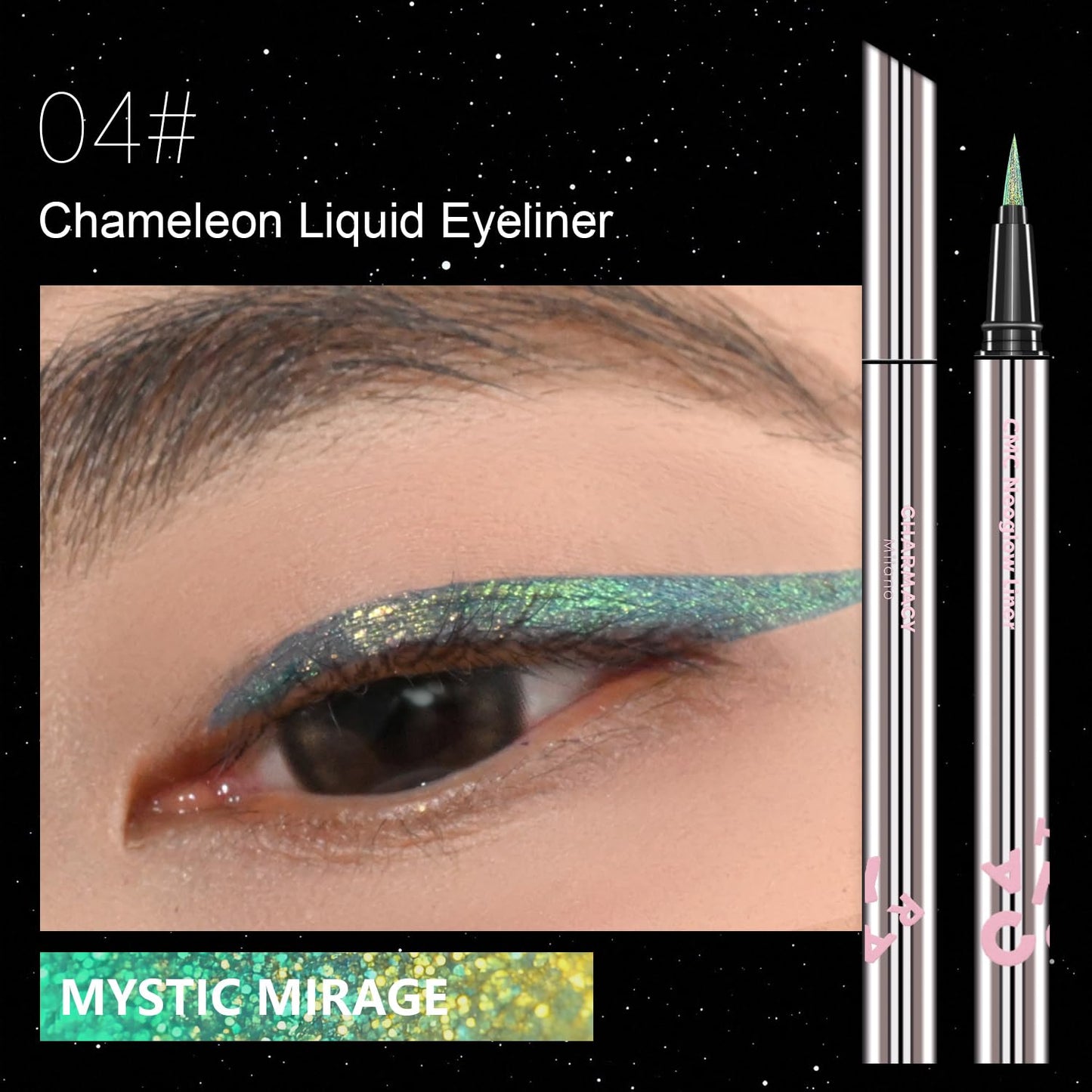 CHARMACY New Chameleon Liquid Eyeliner, Liquid Glitter Eyeliner, Highly Pigmented, Metallic MultiColor Shifting waterproof Eyeliner, Ultra-Fine Tip, Longwearing, Smudge-proof (A04 Ocean Glint)