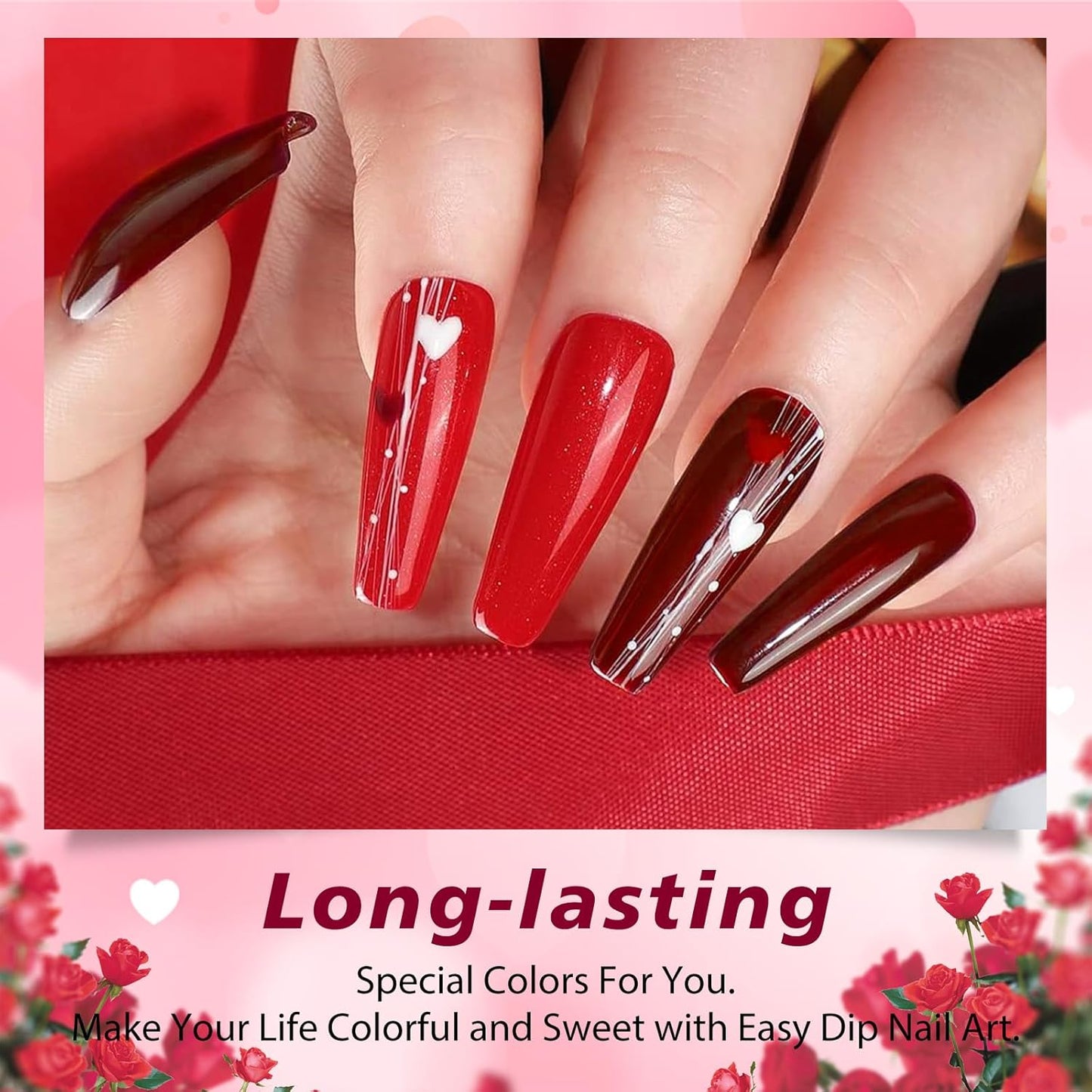 6 Colors Dip Powder Set, Hot Pink Red Dipping Powder Color Set, Glossy Nail Art Manicure DIY Salon Home Gift for Ladies (YYSDDPS-No.15-6pcs)