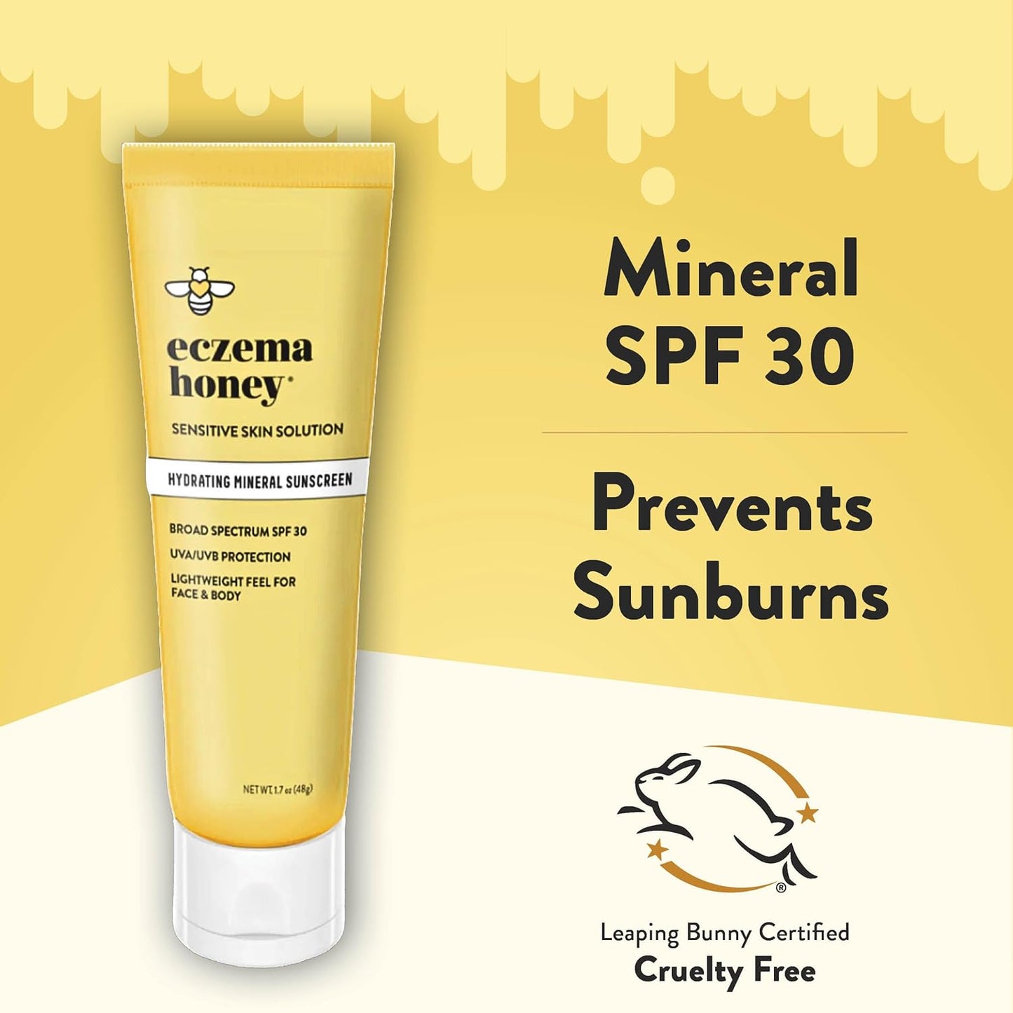 Eczema Honey Hydrating Mineral Sunscreen - Lightweight SPF 30 Sun Cream - Body & Face Sunscreen for All Ages (1.7 Oz)