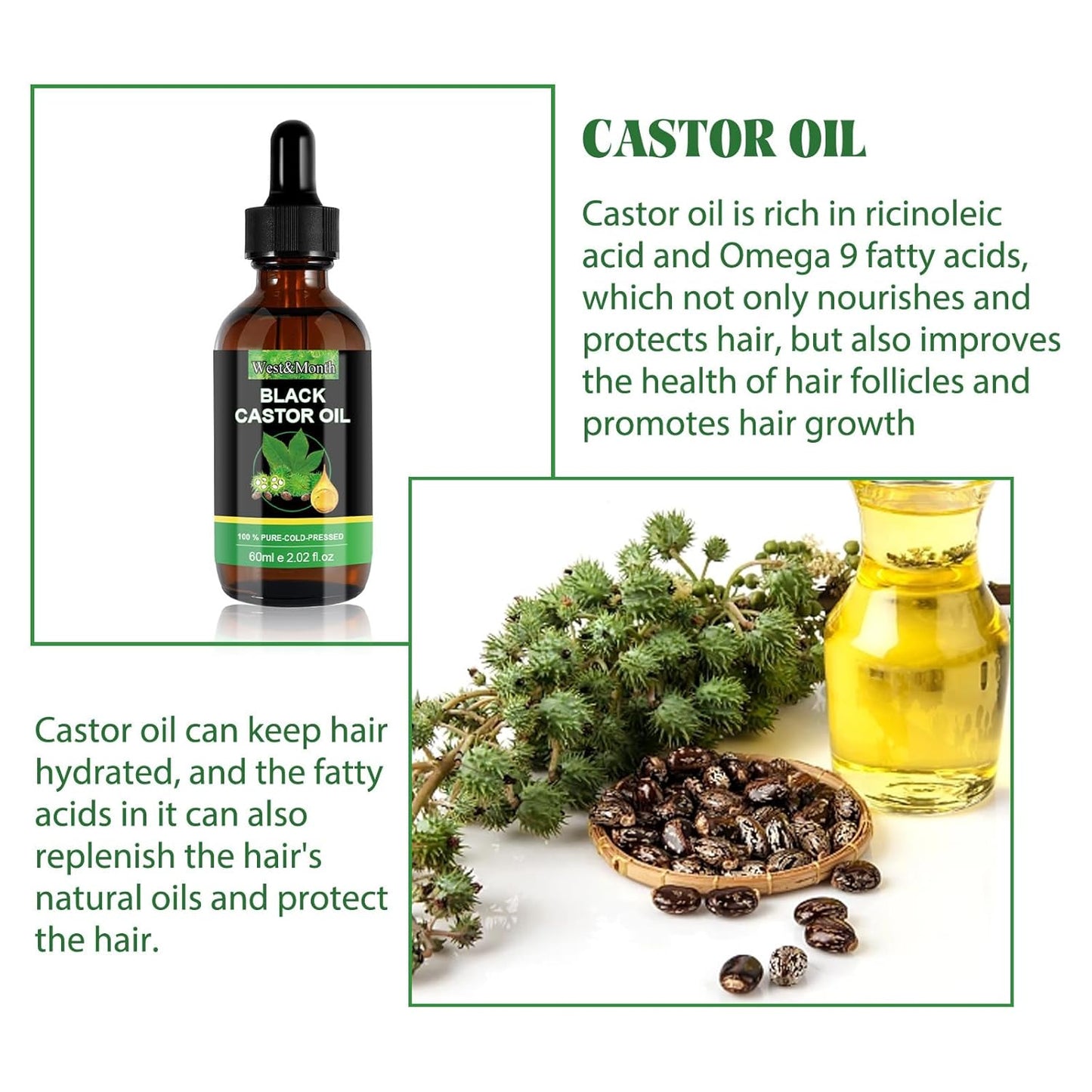 Jamaican Black Castor Oil - 100% Pure Organic Cold Pressed for Hair Growth, Eyelash/Eyebrow Serum, Scalp and Nail Care, Glass Bottle (2.02 Fl Oz) (small, castor)