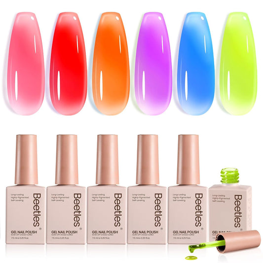 Beetles Jelly Gel Nail Polish Set - 6 Colors Neon Gel Polish Kit Sheer Hot Pink Red Orange Purple Blue Yellow Translucent Effect Soak Off UV French Nail Art Manicure Gift for Women