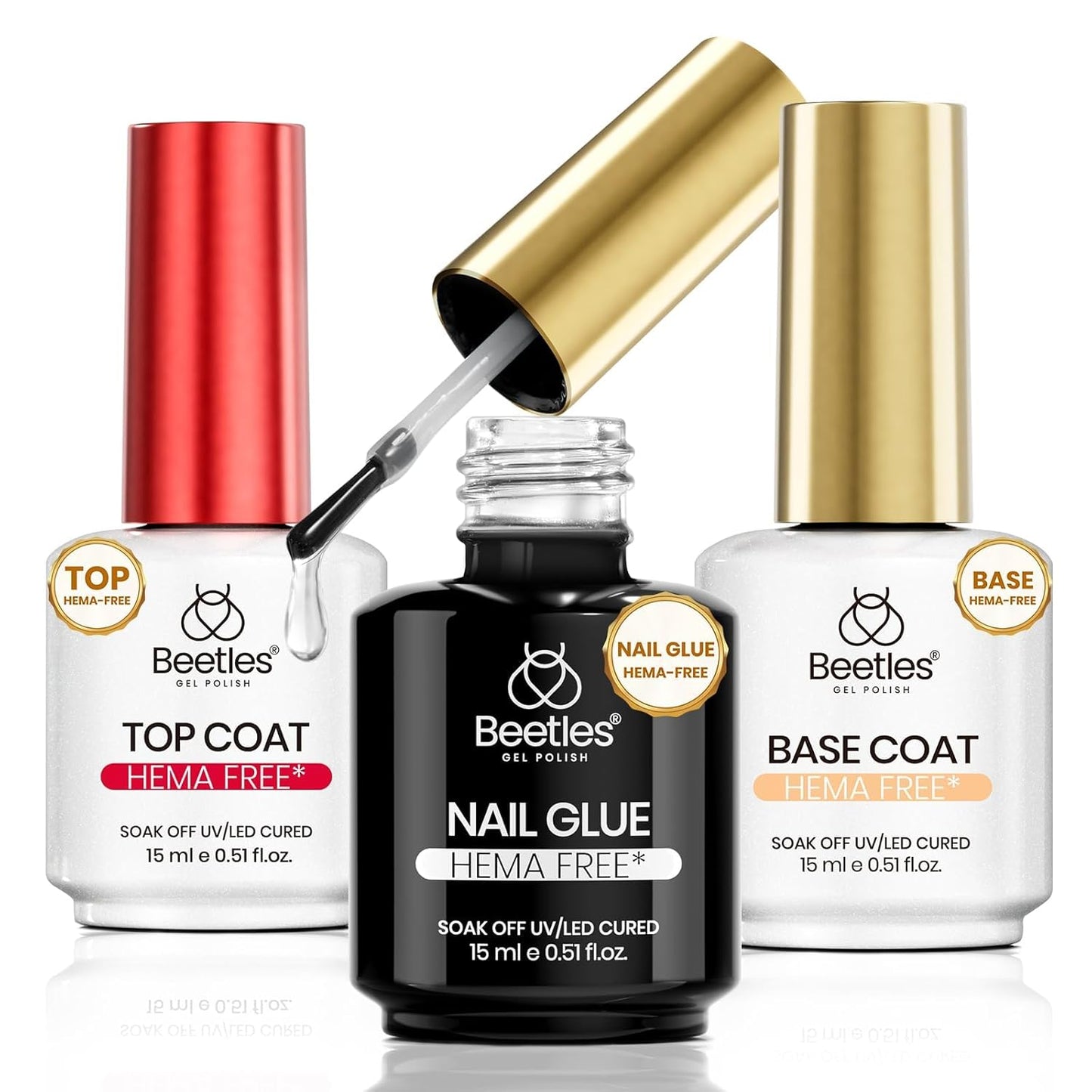 Beetles 3Pcs 15ml HEMA-Free Nail Glue Top Coat & Base Gel Set No Wipe Top Coat Base Nail Glue Gel for False Nails Shine Effect Long Lasting Nail Extension DIY Salon Nails at Home, U V Light Required