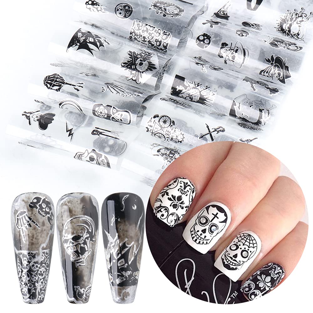 Black Skull Design Nail Foils Halloween Nail Transfer Foil Gothic Skull Nail Art Stickers Decals with Horror Pirate Skeleton Vampire Bone Butterfly Slider Wrap Design Nail Art Decoration Supplies
