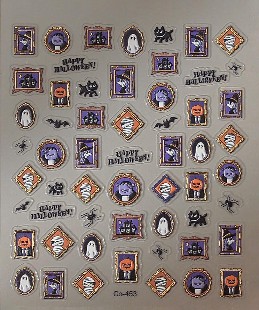 Halloween Nails Stickers Ghost with Frame Nails Sticker 3D Embossed Purple Mummy Self Adhesive Sticker Nail Decals Black Bat Nail Art Decal Halloween Decals for Nail DIY Manicure 1Sheet