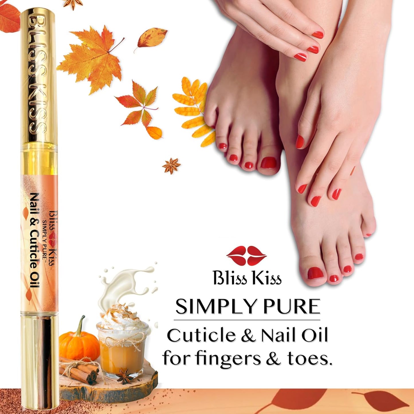 Bliss Kiss | 1 Pumpkin Spice Latte Fragrance | Nail Oil Cuticle Pen w/Vitamin E & Jojoba⏤Nail Strengthener Nail Growth Serum for Brittle Peeling Breaking Thin Nails