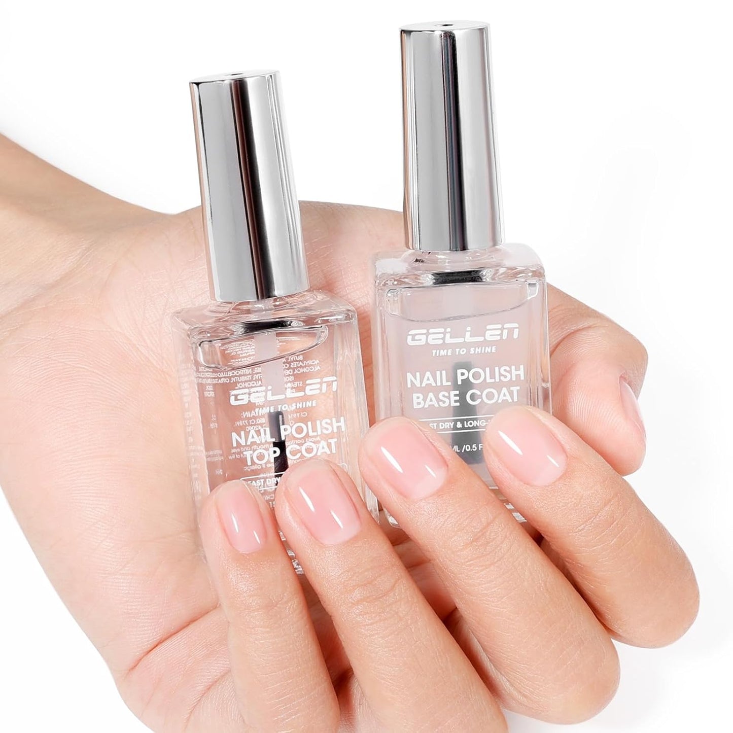 GELLEN Clear Nail Polish Base Top Coat, No Wipe High Gloss Shine Top Coat Quick Dry, Sheer Nail Base Coat Strengthener Strengthens Nails - Calcium Formula, Non UV Gel, Hema Free, Non-toxic, No Chip