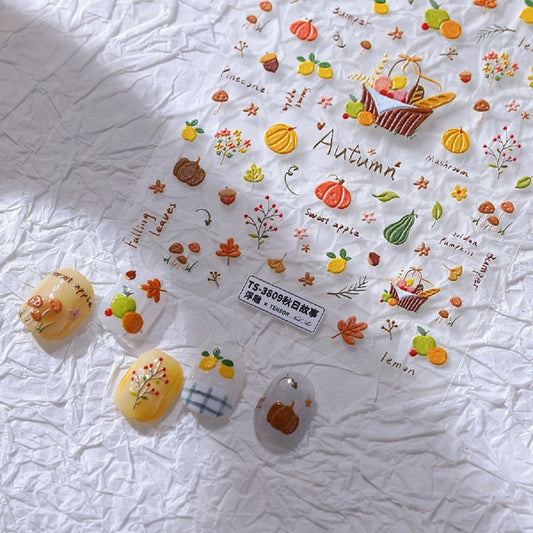 5D Embossed Nail Art Stickers Fall Nail Decals Pumpkin Nail Sticker Thanksgiving Day Art Decorations Nails Art Supplies Self-Adhesive Autumn Leaves Nails Stickers for Women Manicure