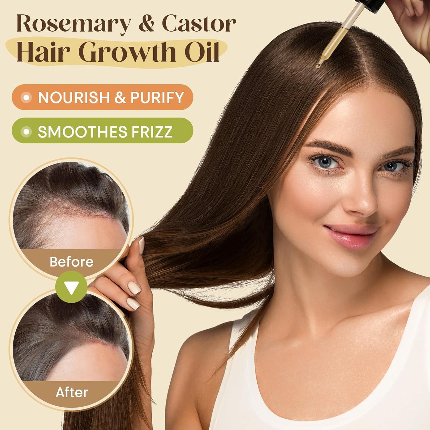 Organic Rosemary & Castor Hair Growth Oil + Scalp Massager Set – Premium Hair Strengthening Oil for Boosting Hair Health, Thickening, Soothing, Moisturizing and Natural Growth – 4.0 oz