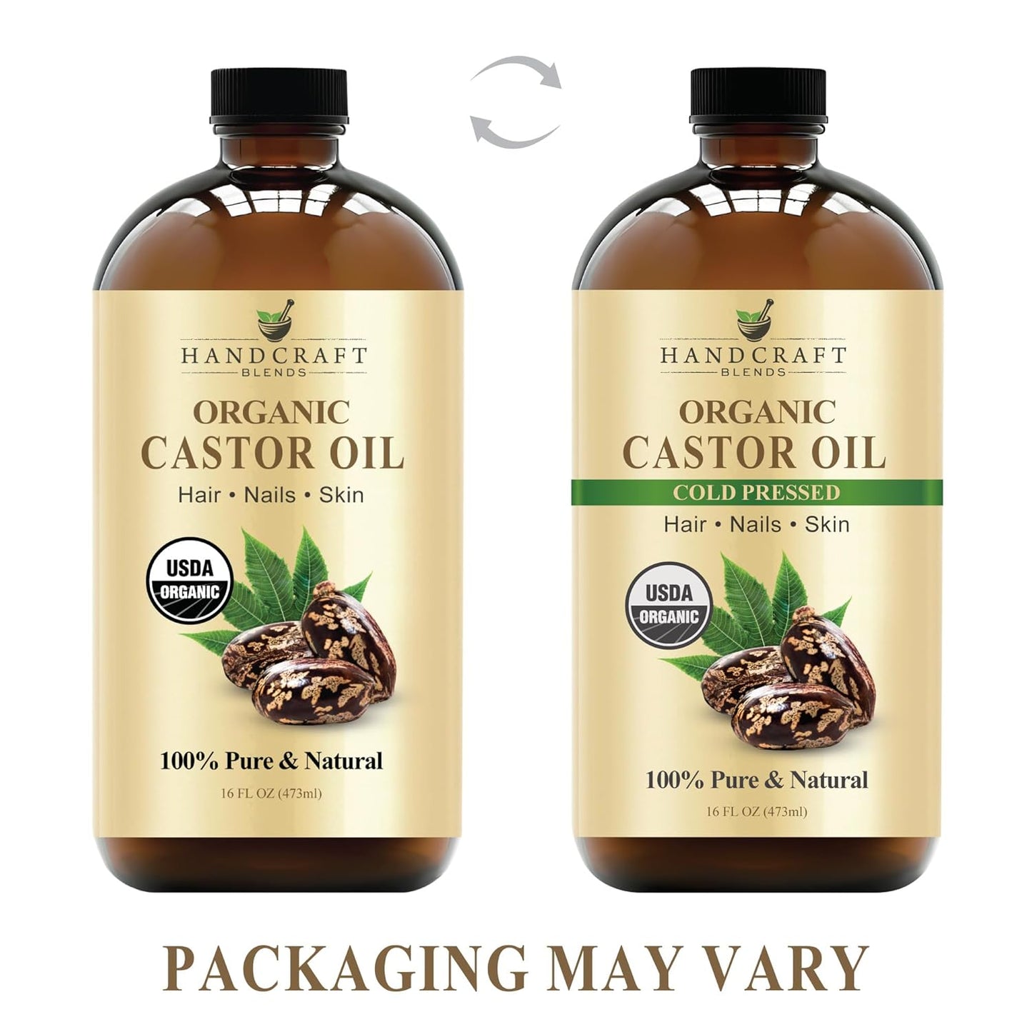 Handcraft Blends Cold-Pressed Organic Castor Oil in Glass Bottle - 16 Fl Oz - 100% Pure and Natural - Premium Grade Carrier Oil for Hair Growth, Eyelashes and Eyebrows - Hair and Body
