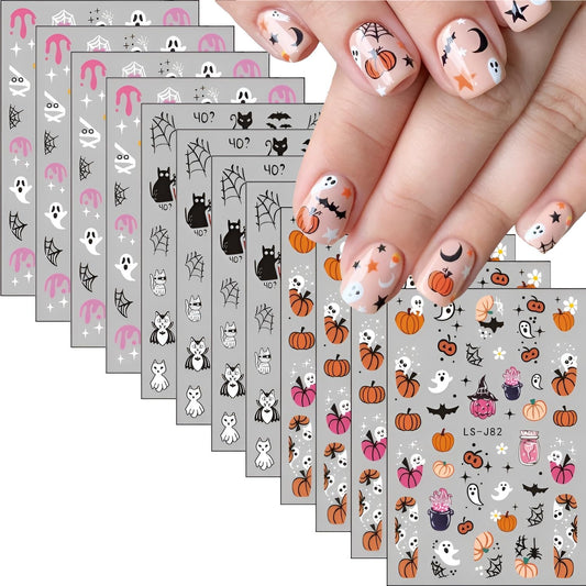 12 Sheets Halloween Nail Stickers for Nail Art 3D Self Adhesive Halloween Nail Decals Cute Ghost Nail Art Stickers Pumpkin Nail Design DIY Manicure Cat Bat Nails Supplies for Women Girls