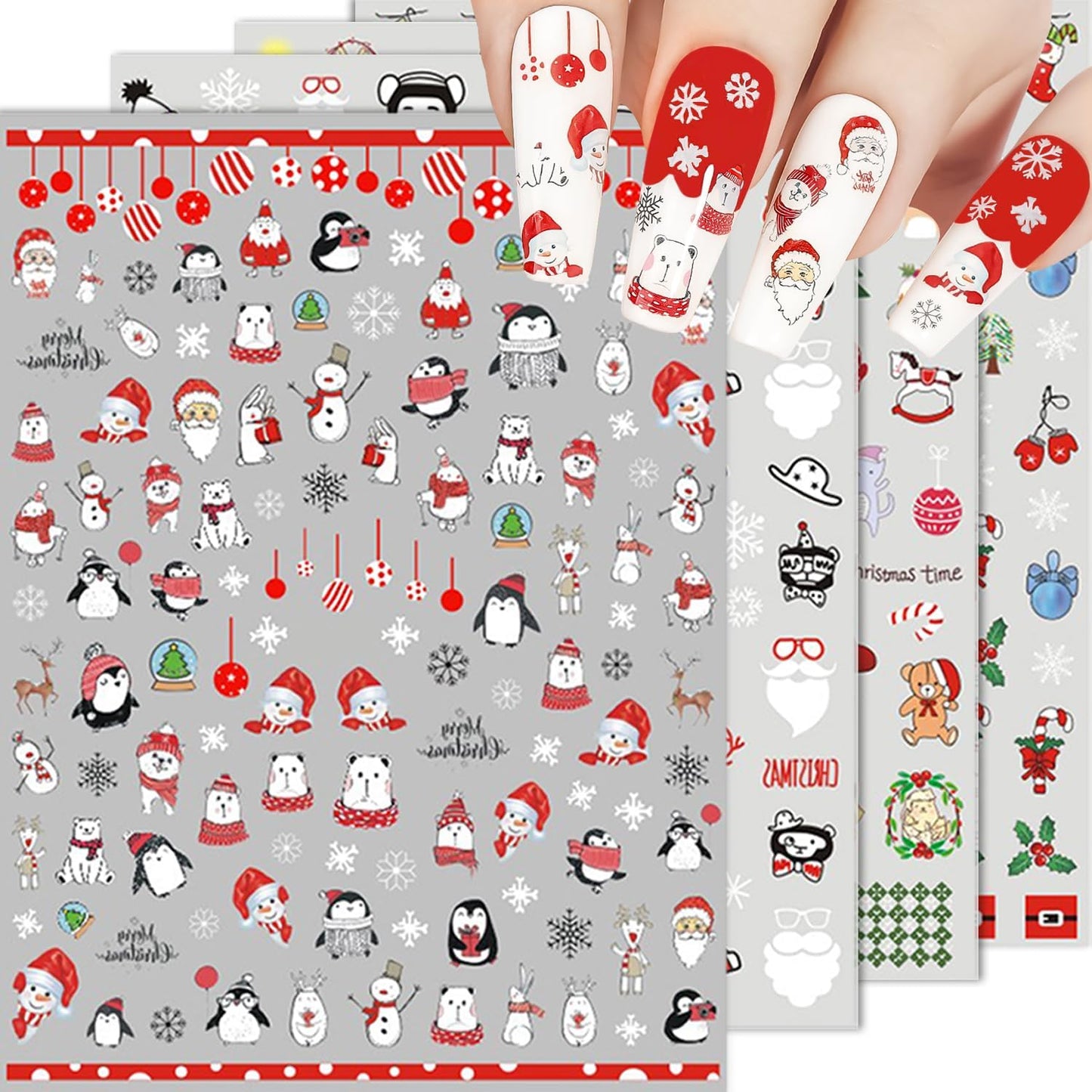 HNUIX Nail Stickers - 3D Christmas, Self Adhesive Nail Decals, Multi Colour Pattern, 10 Sheets, for Nail Art