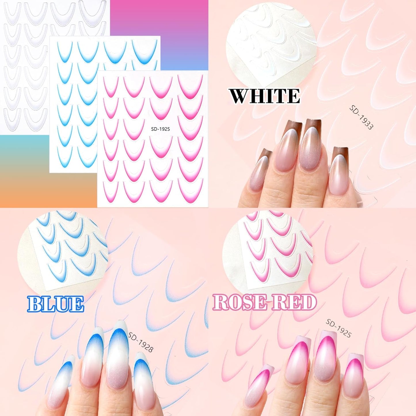 9 Sheets Colorful French Tip Nail Stickers, Gradient French Line Nail Art Stickers with Tweezer, French Tip Nail Decals 3D Self-Adhesive Nail Tips Guides for Women Manicure Decoration