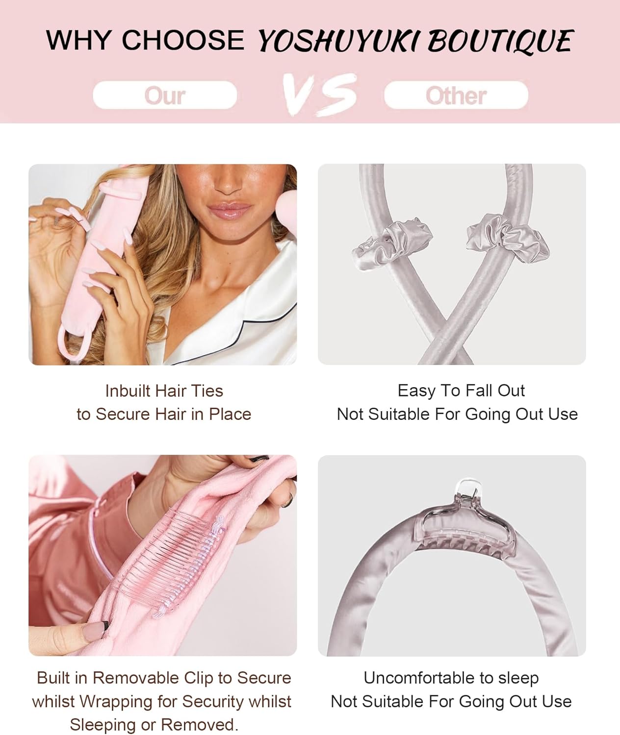 Heatless Hair Curler Curls Overnight Rods No Heat Hair Curlers to Sleep in, Soft Heatless Curling Ribbon Set with Clip Hair Rollers for Blowout Look Long Short Hair, Black