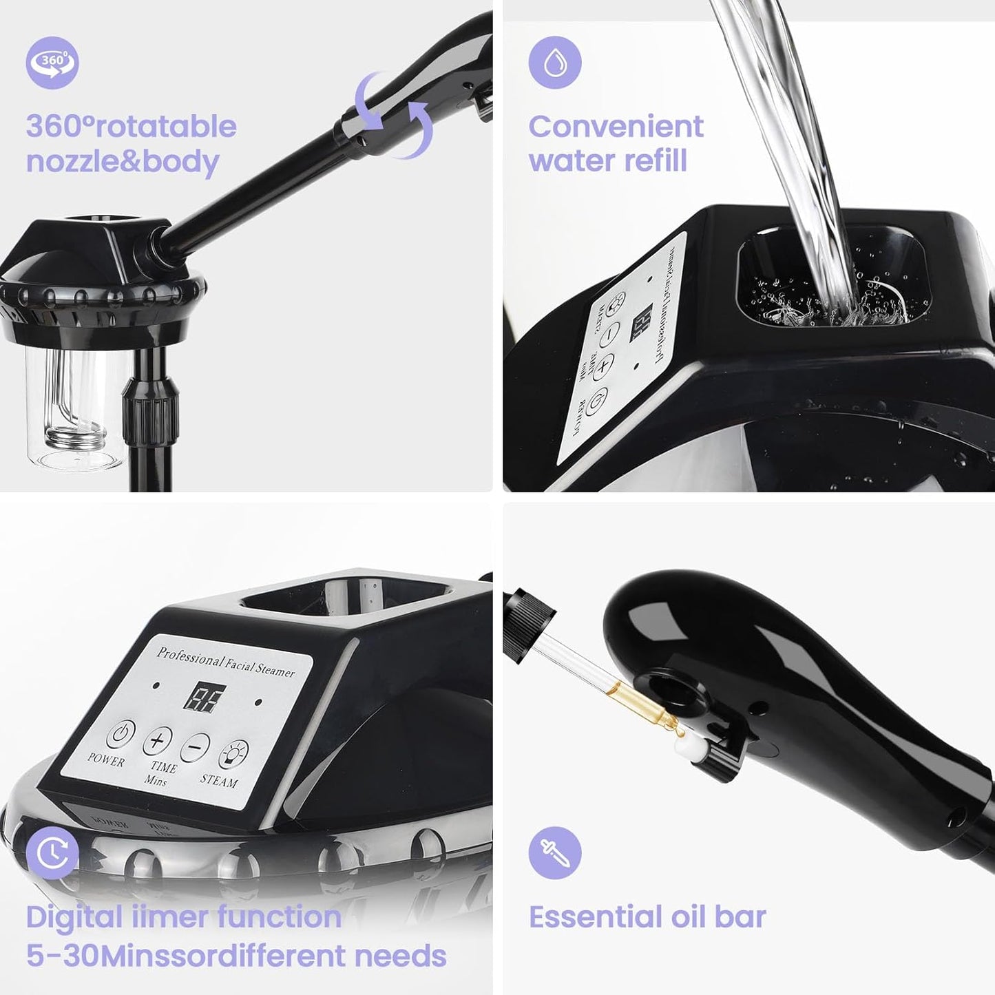 Professional Facial Steamer, Facial Steamer on Wheels, Face Steamer with Time Setting, Stand Face Steamer Adjustable Height for Spa, Salon and at Home use