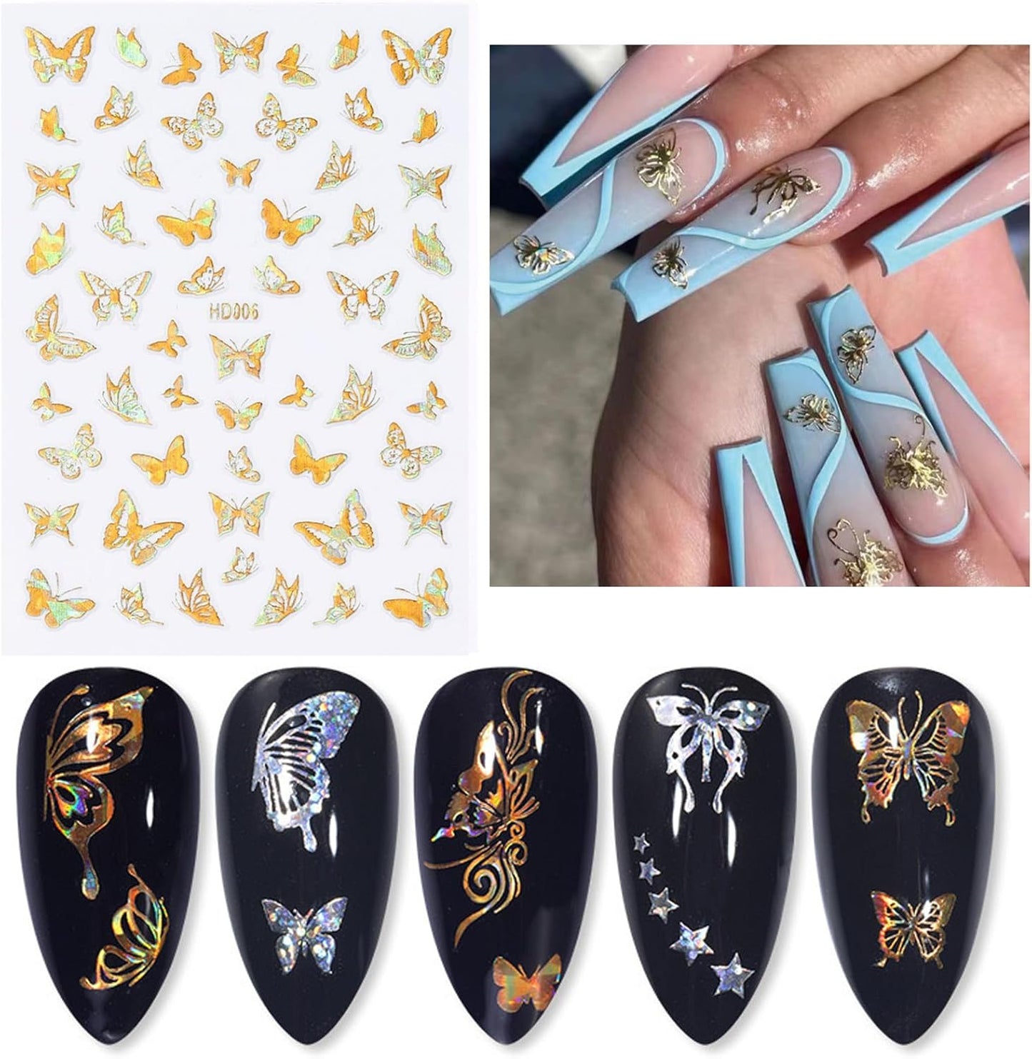 16 Sheets Butterfly Nail Art Stickers Decals 3D Self-Adhesive Gold Metallic Butterfly Nail Stickers Holographic Butterflies Design Nail Art Supplies for Women Acrylic Nail Art Decoration Accessories