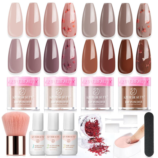 AZUREBEAUTY Dip Powder Nail Kit, 4 Colors Nude Brown with Dried Flower Set, Fall Winter Natural Dipping Powder Starter Liquid Set Recycling Tray with Base & Top Coat Activator ﻿