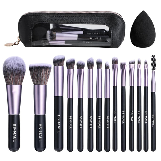 BS-MALL 14 Pcs Makeup Brushes Set with 1 Pcs Makeup Sponge – Essential Foundation Powder Concealers, Eye Shadows, Blush Makeup Brushes with Travel Makeup Case (Purple)