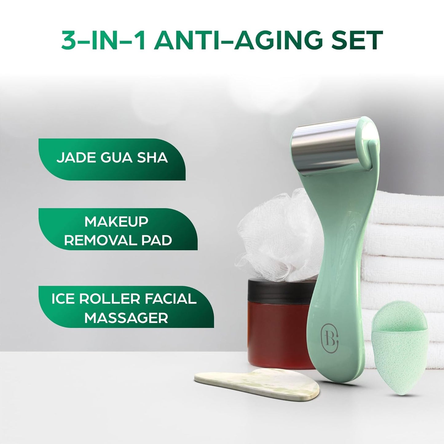 Bella Ciao 3-in-1 Anti-Aging Skin Care Set, Skin Care Set for Teens, Includes Jade Gua Sha, Makeup Removal Pad, Ice Roller Facial Massager, Gua Sha Facial Tools, Gua Sha Stone