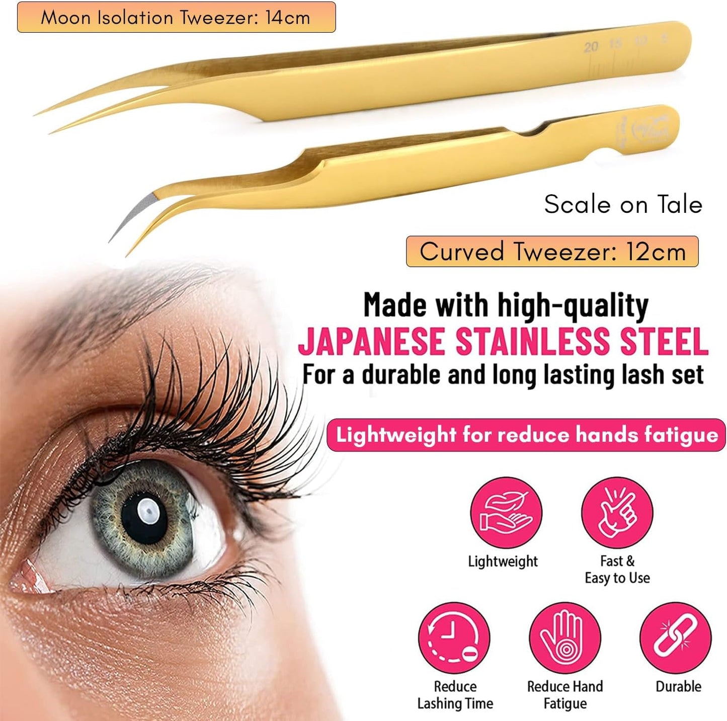 2Pcs Fiber Tip Grip Boot Volume Tweezers and Dolphin Isolation Eyelash Tweezers Set Professional Precision Mink Lashes Fan Making Mega Volume Boot Lashing Tweezers (Gold Set)