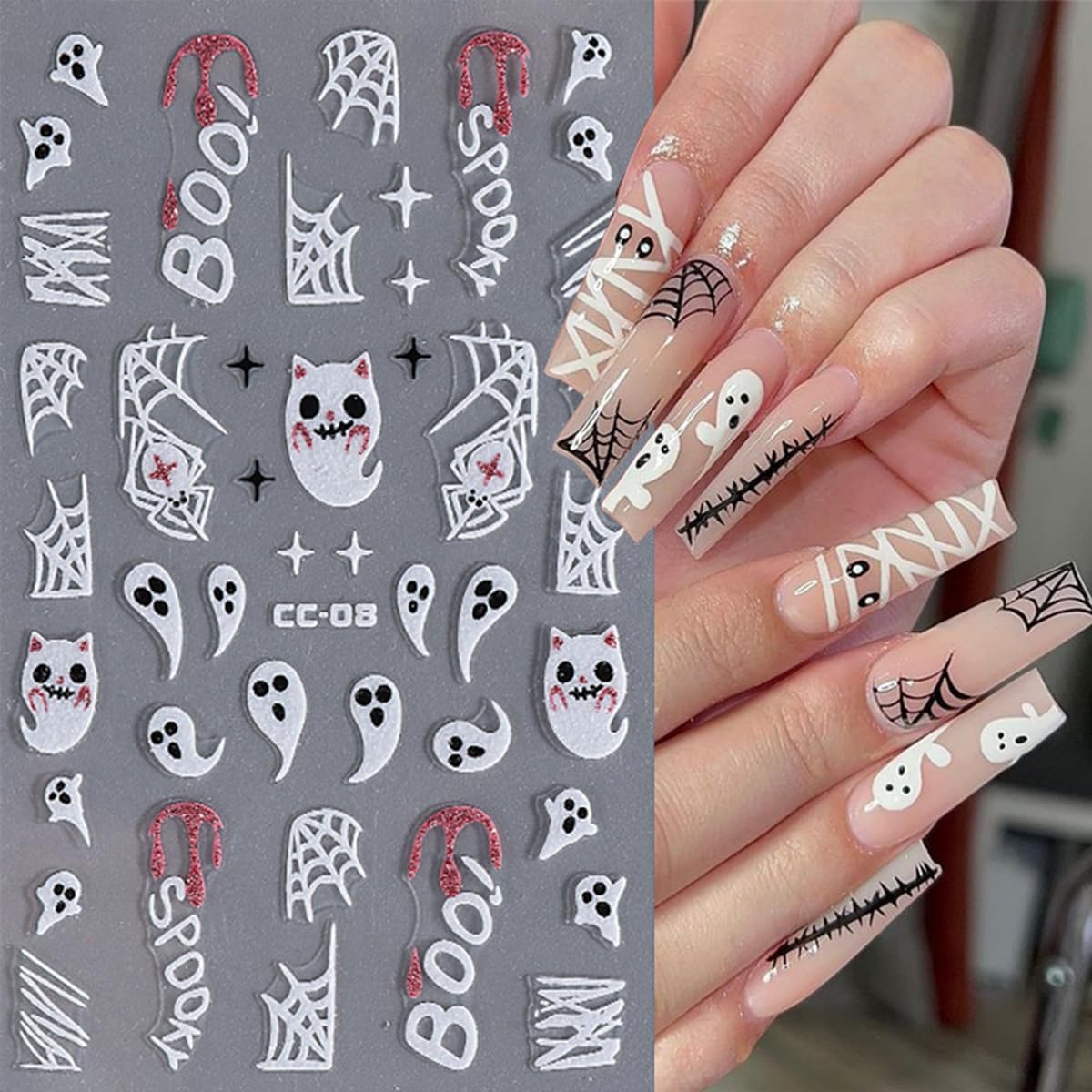 Halloween Nail Art Stickers - 10 Sheets 3D Self Adhesive Nail Designs - White Ghost, Black Bat Boo Nail Decals for Women DIY Manicure Tips