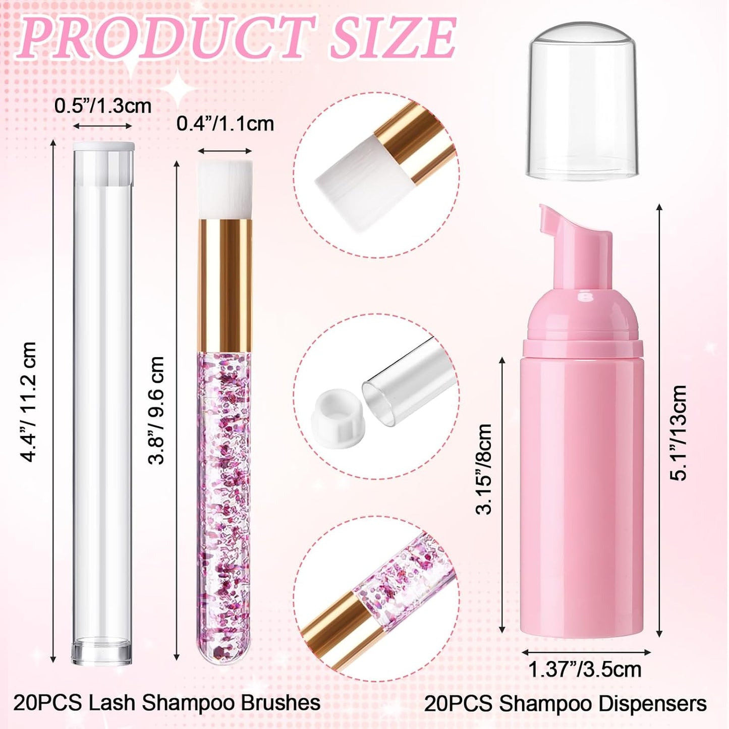 Zhehao 80 Pcs Lash Shampoo Bottle Brushes Kit 20 Foam Pump Dispensers 20 Lash Shampoo Brushes 20 Eyelash Aftercare Bag 20 Cleaning Pipes, Eyelash Extension Supplies(Pink)
