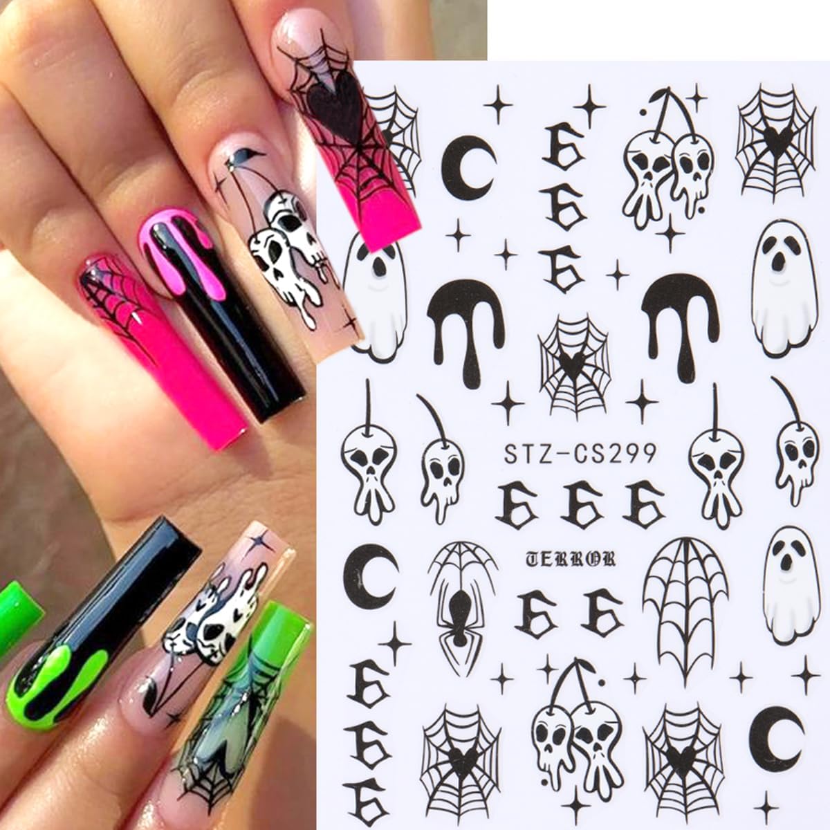 6 Sheets Halloween Nail Stickers 3D Self Adhesive Gothic Spooky Spider Web Stitch Spider Nail Design Supply Halloween Nail Art Stickers Supply Pumpkin Ghost Nail Decals for Women DIY Manicure Tips