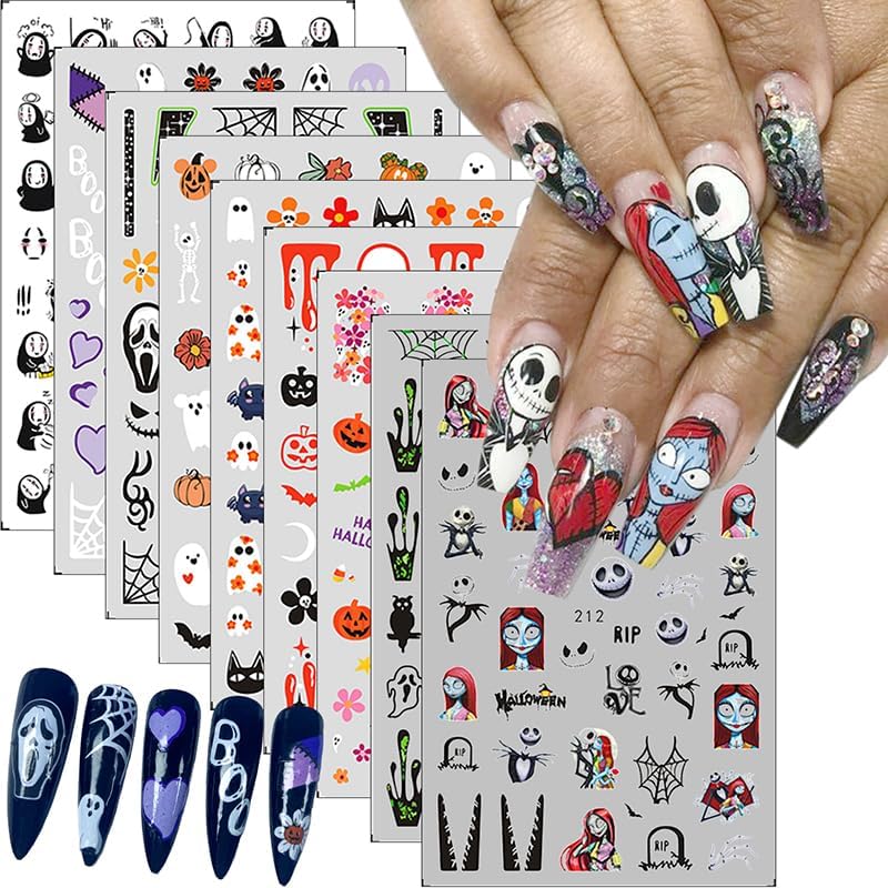 Halloween Nail Art Stickers Decals Halloween Horror Spooky Self-Adhesive Nail Designs Supply Halloween Devil Ghost Spider Web Nail Decals for Women Girls DIY Manicure Tips Horror Party Nail Decoration