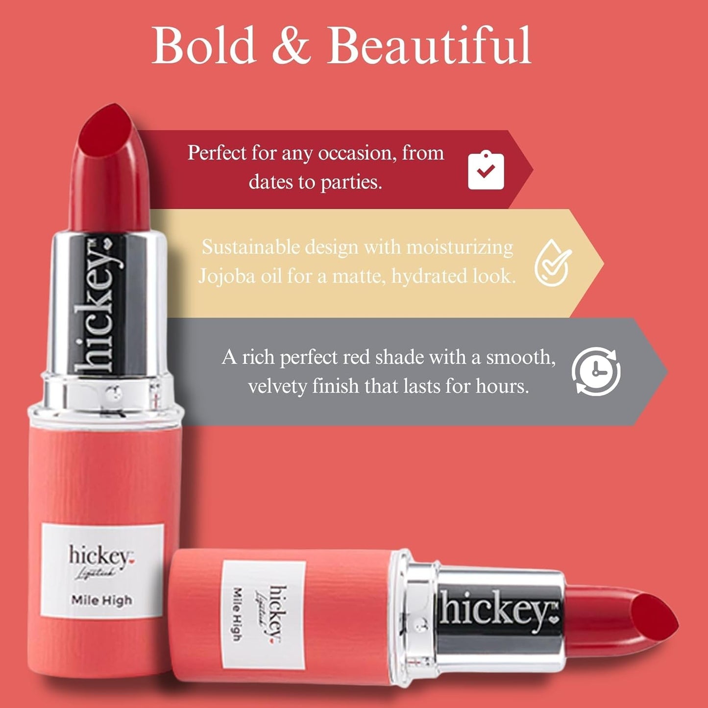 Hickey Lipstick Mile High Organic Perfect Red Lipstick Refill - Long Lasting Lipstick for Women - Hydrating & Moisturizing Shade, Best Lip Color for Women, Gluten-Free & Vegan with Highly Pigmented