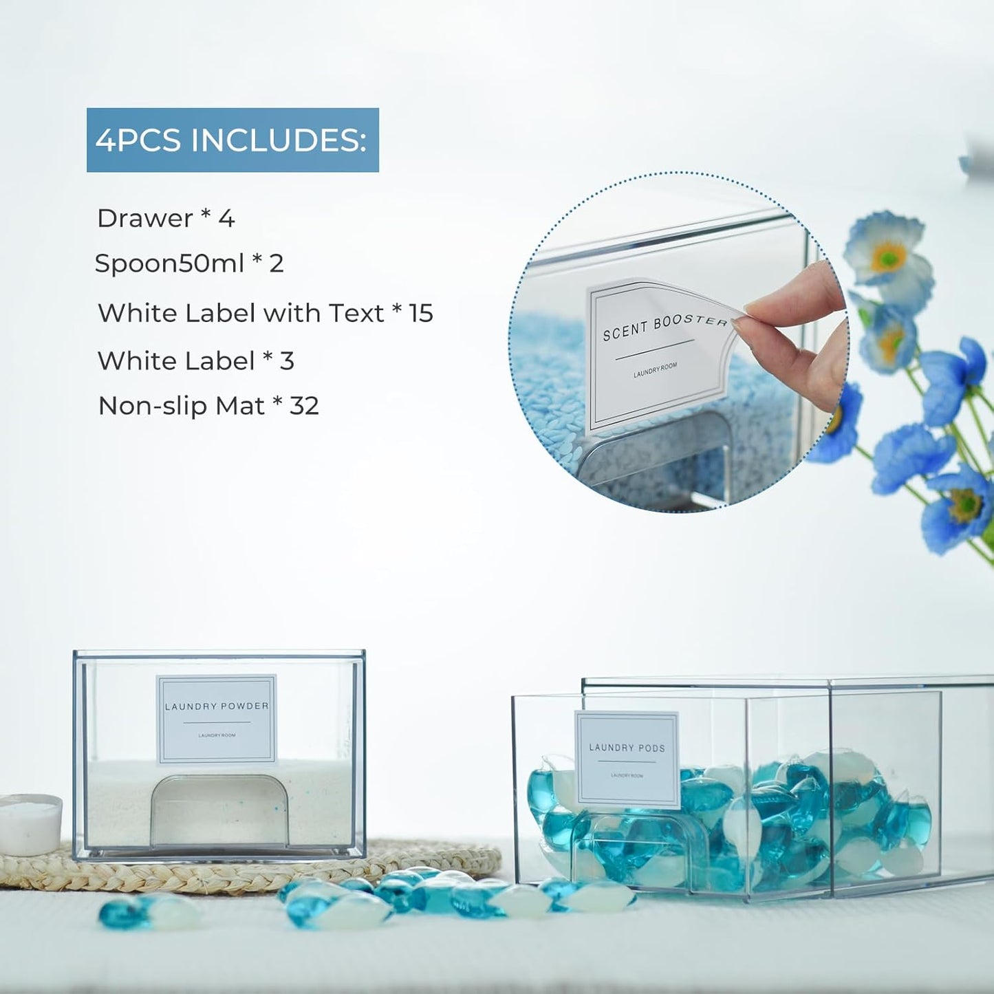 4 Pack Laundry Room Organization and Storage Containers with Labels, Stackable Clear Plastic Storage Drawers for Dryer Sheet Holder, Laundry Pods Container, Laundry Room Decor for Organizing