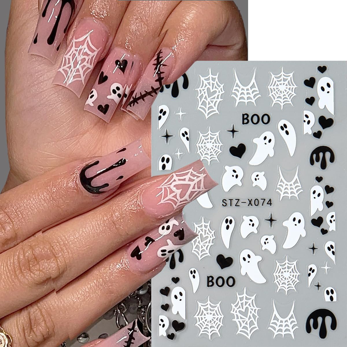 Halloween Nail Stickers 3D Self Adhesive Nail Art Stickers Ghost Nail Decals Spider Web French Tips Heart Flame Black White Design Spider Nails Sticker for Nails Art for Women DIY Manicure 6 Sheets