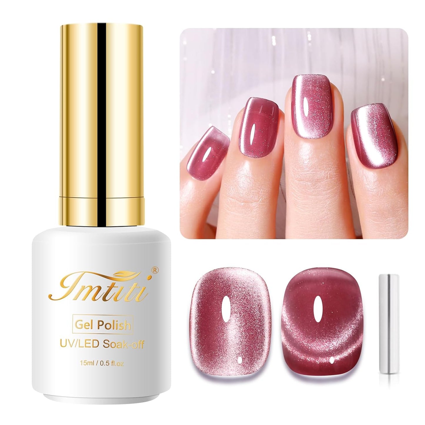 Imtiti Moonlight Cat Eye Gel Nail Polish, 15ml Nude Pink Holographic Crystal Cat Eyes Glitter UV Soak Off Gel Nail Polish with Magnetic Stick for Nail Art 1Pcs