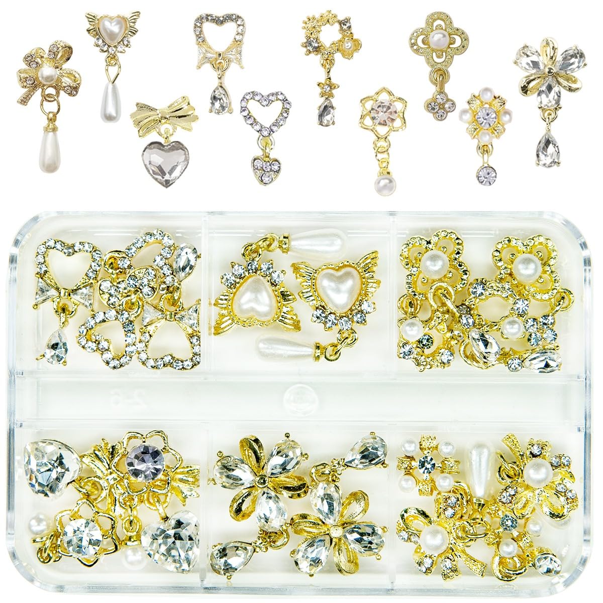 20Pcs Luxury Nail Charms 10 Pair Dangle Nail Art Rhinestones Heart Charms for Nails Flower Nail Crystals Heart Pearl Crystal Big Gems 3D Alloy Gold Luxury Nail Gems for Nails Crafts DIY Jewelry Making