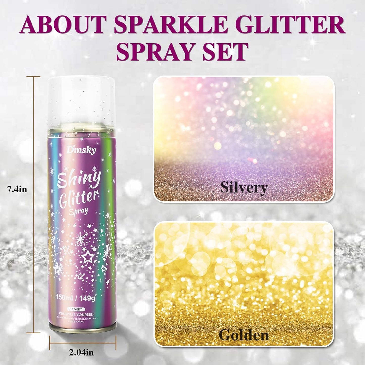 Body Glitter Spray for Hair and Body (2x5.14 Fl Oz), Shiny Glitter Spray for Clothes, Long-Lasting and Quick-Drying Holographic Glitter Hairspray for Kids Women, Stage, Festival Rave and Makeup Prom